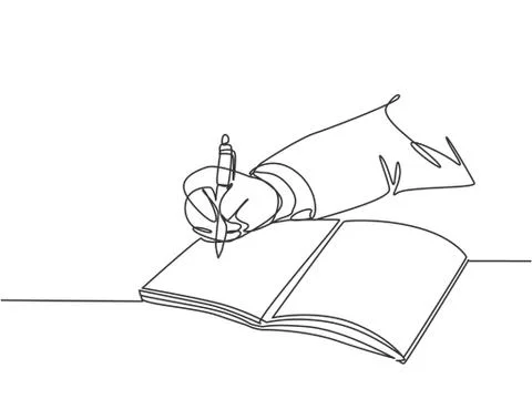 Single continuous line drawing of hand gesture writing on an open note book Stock Illustration