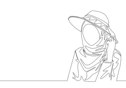Single continuous line drawing of happy young cute muslimah wear headscarf Stock Illustration