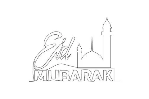 Single continuous line drawing of Happy Eid Al Fitr Mubarak and Ramadan Illustrazione stock