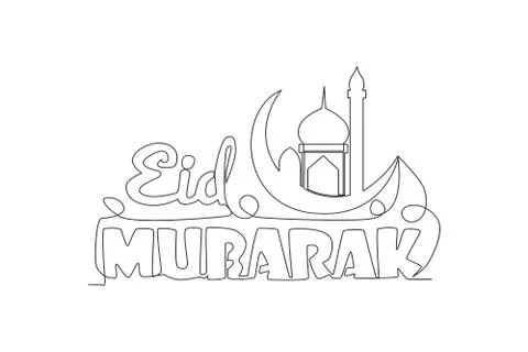 Single continuous line drawing of Happy Eid Al Fitr Mubarak and Ramadan Illustrazione stock