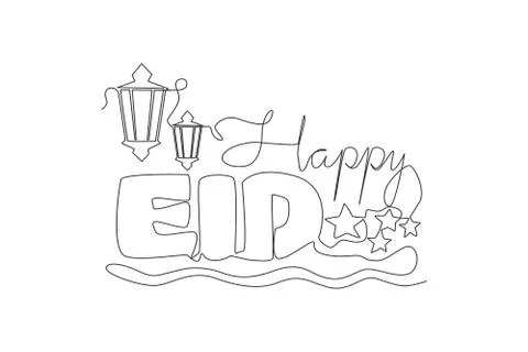 Single continuous line drawing of Happy Eid Al Fitr Mubarak and Ramadan Stock Illustration