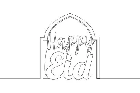 Single continuous line drawing of Happy Eid Al Fitr Mubarak and Ramadan Stock-Illustration