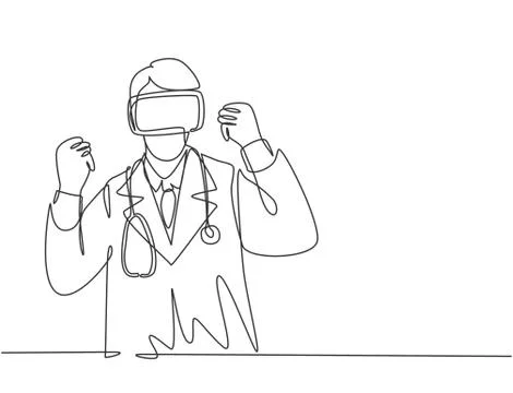 Single continuous line drawing of happy male doctor celebrates his victory イラスト素材