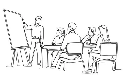 Single continuous line drawing happy trainer teaching life skill and interp.. Stock Illustration