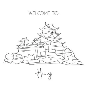 Single continuous line drawing Himeji Castle landmark. Most old famous palace Illustrazione stock