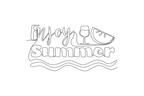 Single continuous line drawing of holiday time typography Enjoy Summer Illustrazione stock
