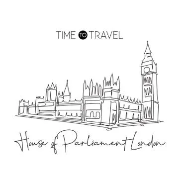 Single continuous line drawing house parliament London landmark. Famous place Ilustração Stock