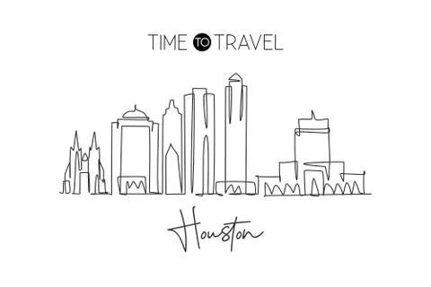 Single continuous line drawing of Houston city skyline, USA. Famous city Stock Illustration