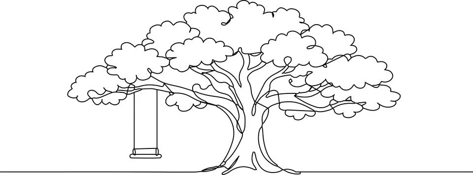 A single continuous line drawing of a large oak tree with a wooden swing ha.. Stock Illustration