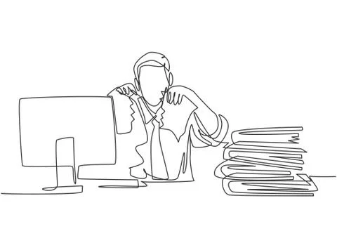 Single continuous line drawing of mad stressful businessman tearing paper Stock Illustration