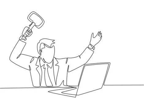 Single continuous line drawing of madness businessman ready to smack laptop Stock Illustration