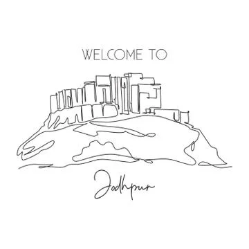 Single continuous line drawing Mehrangarh Fort landmark. Most beautiful place Stock-Illustration