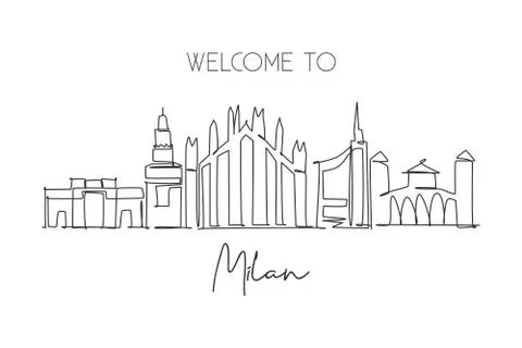 Single continuous line drawing of Milan city skyline, Italy. Famous city Stock Illustration