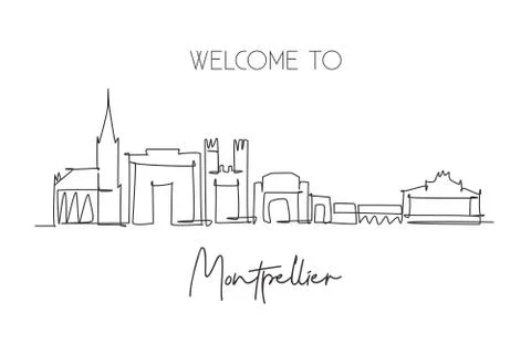 Single continuous line drawing of Montpellier city skyline, France Illustrazione stock