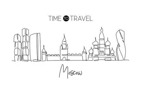 Single continuous line drawing of Moscow city skyline, Russia. Famous city Stock Illustration