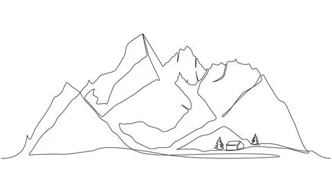 Single continuous line drawing of mountain landscape with cabin and trees Stock Illustration