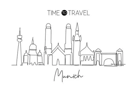 Single continuous line drawing of Munich city skyline. Famous Munchen city Ilustración de archivo