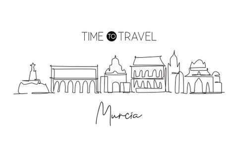 Single continuous line drawing of Murcia city skyline, Spain. Famous city Illustrazione stock