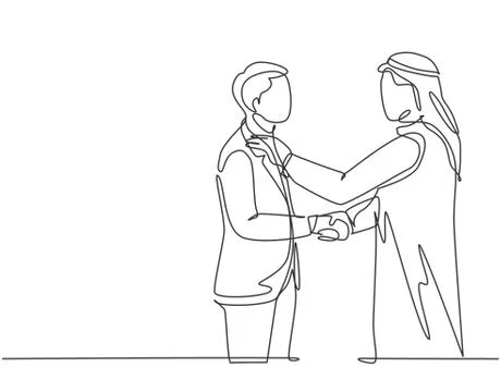 Single continuous line drawing muslim businessman congratulate colleague Stock Illustration