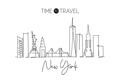Single continuous line drawing of New York city skyline, USA. Famous city Illustrazione stock
