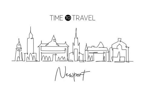 Single continuous line drawing of Newport city skyline, Wales. Famous city Illustrazione stock