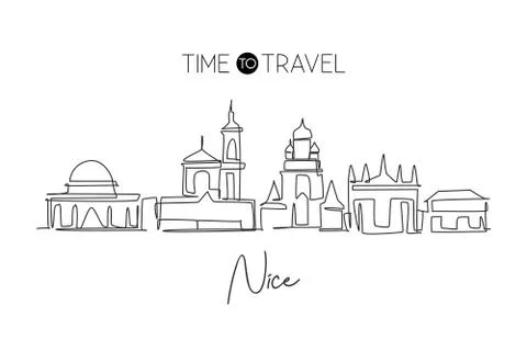 Single continuous line drawing of Nice city, France skyline Stock-Illustration