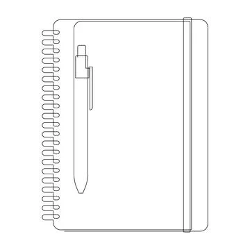 Single continuous line drawing of notebook with a pen above work desk. Notepad Stock Illustration