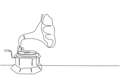 Single continuous line drawing of old retro analog vinyl gramophone Illustrazione stock
