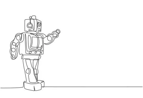 Single continuous line drawing of old retro classic iconic robot from 90s era Illustrazione stock