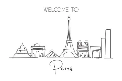 Single continuous line drawing of Paris city skyline, France Illustrazione stock