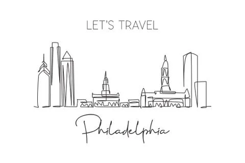 Single continuous line drawing of Philadelphia city skyline, United States Illustrazione stock