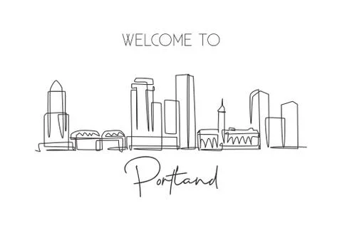 Single continuous line drawing of Portland city skyline, USA. Famous city Illustrazione stock