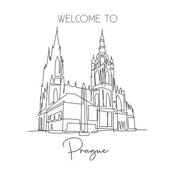 Single continuous line drawing Prague Castle landmark. Ancient castle Illustrazione stock