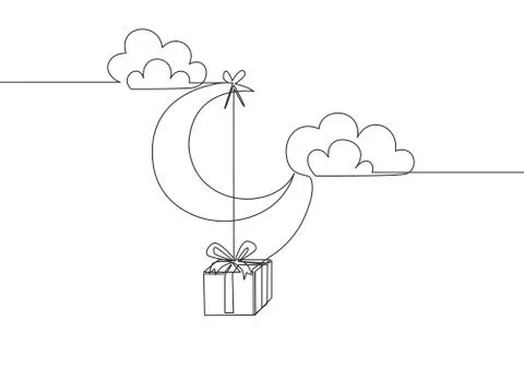 Single continuous line drawing of present gift hanging on the moon Stock Illustration