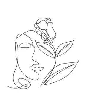 Single continuous line drawing pretty woman face with flowers. Nature beauty Illustrazione stock