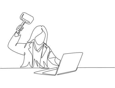 Single continuous line drawing of rage businesswoman ready to smack laptop Stock Illustration