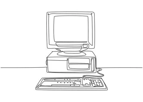 Single continuous line drawing of retro old classic personal computer Stock Illustration