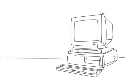 Single continuous line drawing of retro old classic personal computer Stock Illustration
