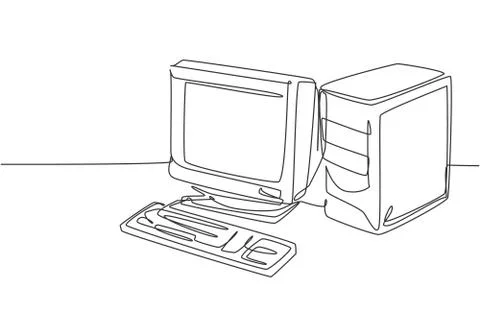 Single continuous line drawing of of retro old classic personal computer Stock Illustration