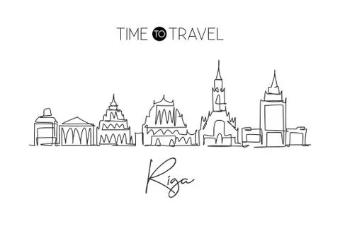 Single continuous line drawing of Riga city skyline, Latvia. Famous city 스톡 일러스트