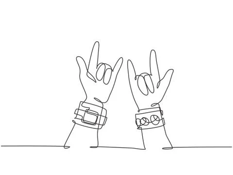 Single continuous line drawing of rocker showing hand gesture of rock music イラスト素材