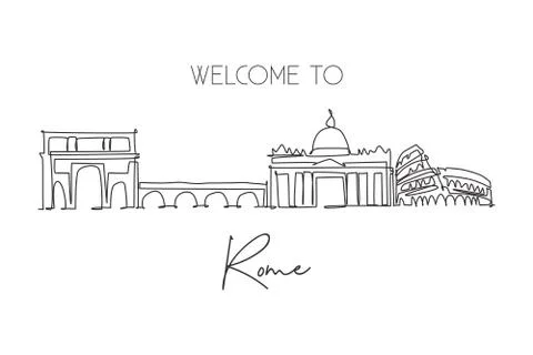 Single continuous line drawing of Rome city skyline, Italy イラスト素材