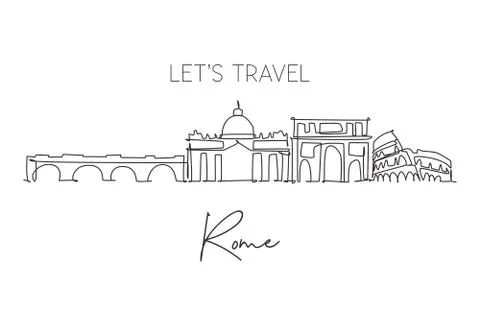 Single continuous line drawing of Rome city skyline Italy. Famous Roma city Illustrazione stock
