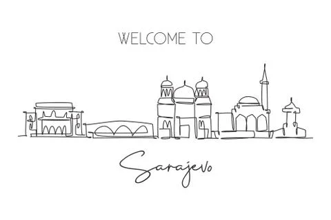 Single continuous line drawing Sarajevo city skyline, Bosnia and Herzegovina Illustrazione stock