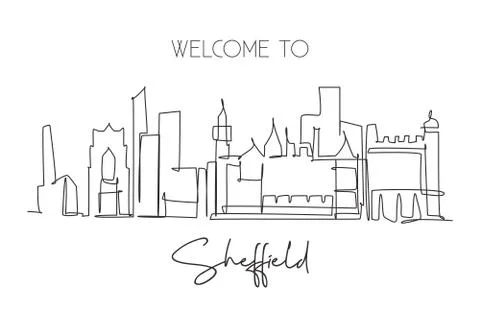 Single continuous line drawing Sheffield city skyline. Famous city skyscraper イラスト素材