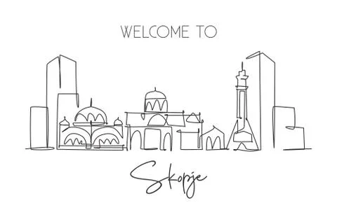 Single continuous line drawing of Skopje city skyline, Macedonia. Famous city Illustrazione stock