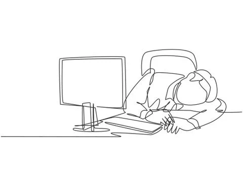 Single continuous line drawing of sleepy startup CEO fall asleep on work Illustrazione stock