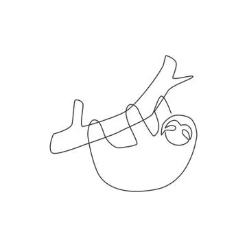 Single continuous line drawing of slow cute sloth hanging at limb tree Illustrazione stock