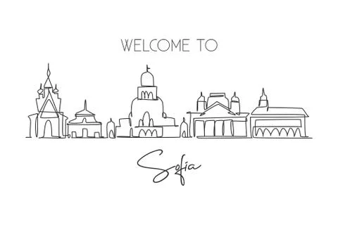 Single continuous line drawing of Sofia city skyline, Bulgaria. Famous city Illustrazione stock