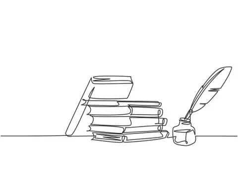 Single continuous line drawing of stack of books, ink and quill pen Illustrazione stock